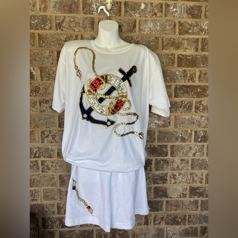 80s Vintage Karla Reid Nautical Glitter Bling Glitz Size L/XL Top & Shorts Art